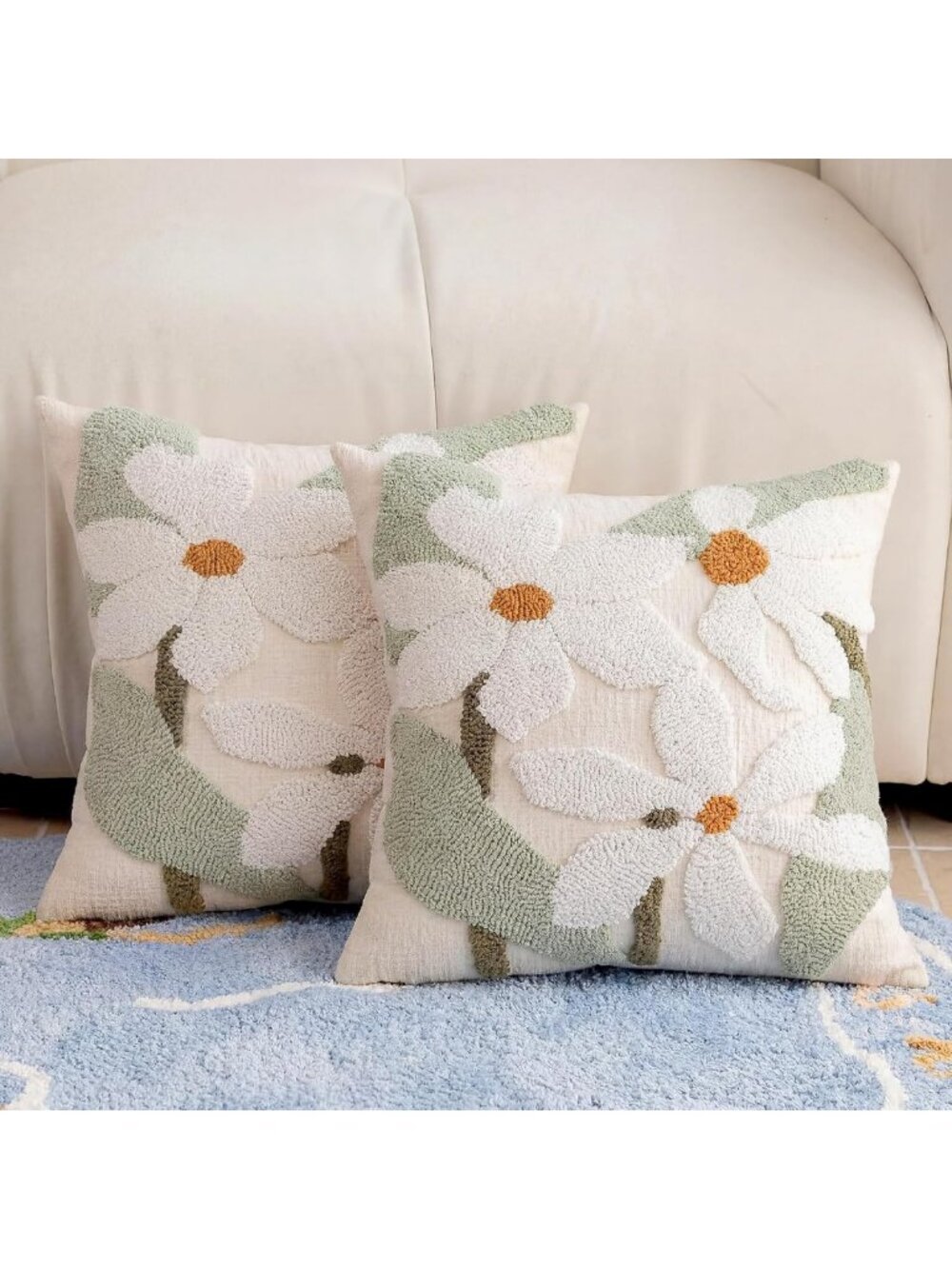Boho Summer Throw Pillow Covers Set of 2, 20x20 Inch Chenille with 3D Flowers